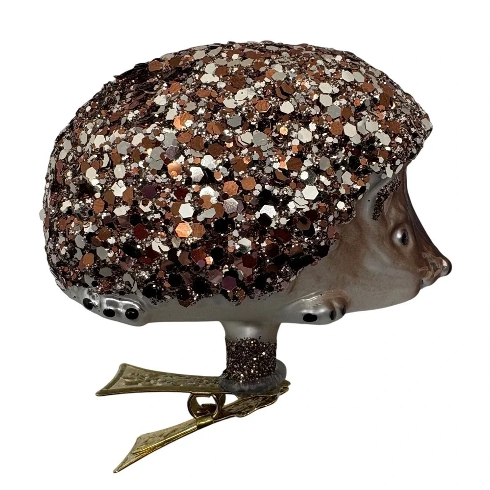 Dagmara Poland Glass Hedgehog Christmas Ornament Clip On Glitter Bronze Brown